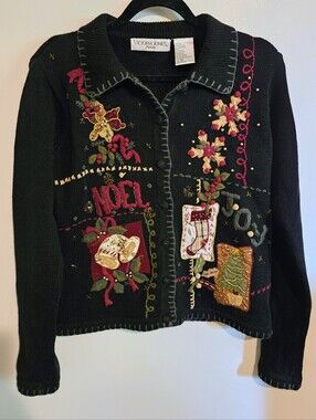 Victoria Jones Petite Small Christmas Sweater Black Embroidered Beaded Button Up